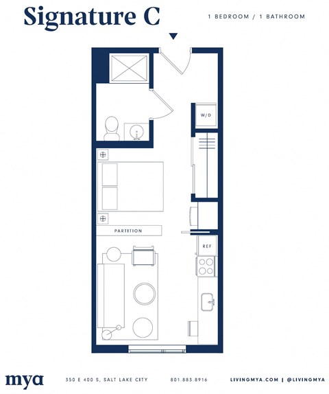 Floor plan for 1 bed, 1 bath, 377 sqft